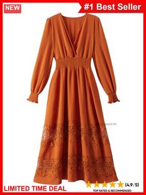 Long Sleeve Lace Boho Maxi Dress V-Neck Smocked Wedding Guest